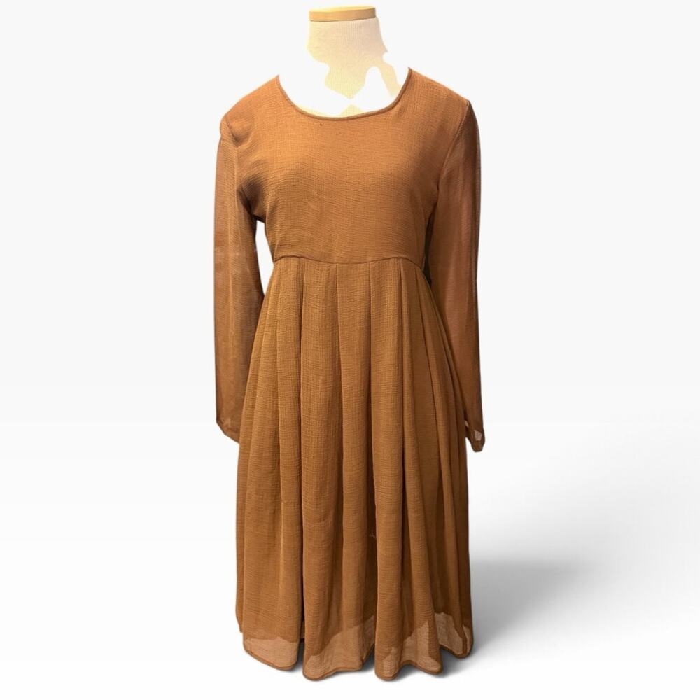 Vintage 90s Babydoll Dress Semi Sheer Sleeves Sz S Warm Brown Cottage 90s Grunge